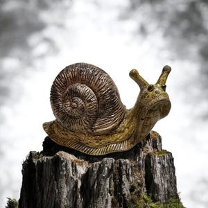 Handmade Concrete Snail Sculpture: Brown & Black Stained Statue
