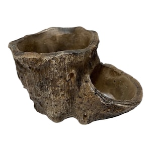 May include: A decorative planter shaped like a tree stump. The planter is made of a textured, brown material with a naturalistic appearance. It features two openings, one larger and one smaller, for planting or display.