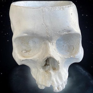 Concrete Skull Planter Pot: Dirty White Finish, Drainage Hole