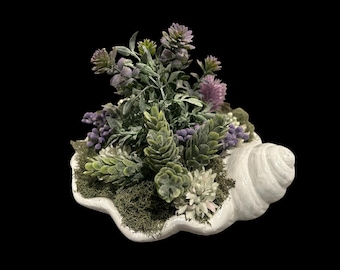 Purple Succulent Arrangement in Concrete Clam Shell Planter