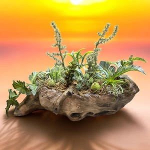 Concrete Tree Stump Artificial Succulent Arrangement, Faux Succulent Arrangement, Concrete Planter