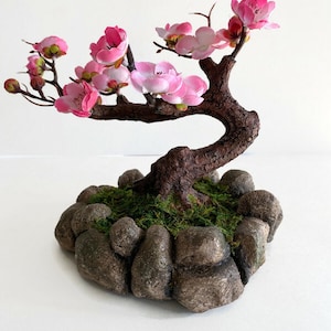 Hand-Sculpted Faux Pink Bonsai: Concrete Rock Planter