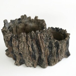 May include: A decorative planter shaped like a tree stump, featuring two connected compartments. The planter has a textured, weathered appearance with shades of brown, gray, and black, mimicking the look of tree bark. Ideal for small plants or succulents.