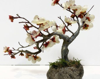 Faux White Flower Bonsai Arrangement, White Flower Bonsai Planter, White Bonsai Flower