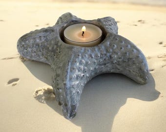Concrete Starfish Tea Light Candle Holder: Nautical Gray Decor