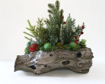 Artificial Christmas Driftwood Log Arrangement, Faux Christmas Floral Arrangement
