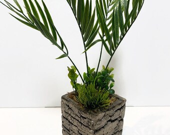 Fractured Concrete Artificial Palm Frond Arrangement, Faux Palm Frond Fractured Concrete Planter