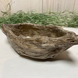 May include: A rustic, light brown ceramic planter shaped like a piece of driftwood. The planter has a wide, shallow bowl and a textured surface.