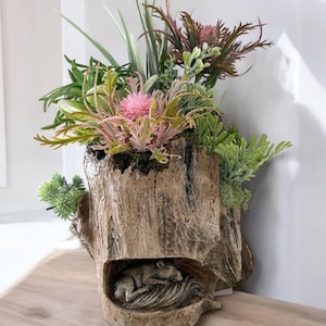 Artificial Squirrel Stump Arrangement, Faux Squirrel Succulent Arrangement