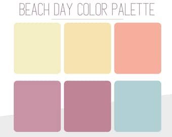 Może przedstawiać: Paleta kolorów z sześcioma kwadratami pokazującymi różne odcienie żółtego, brzoskwiniowego, różowego i niebieskiego. Tekst "BEACH DAY COLOR PALETTE" znajduje się u góry obrazu.