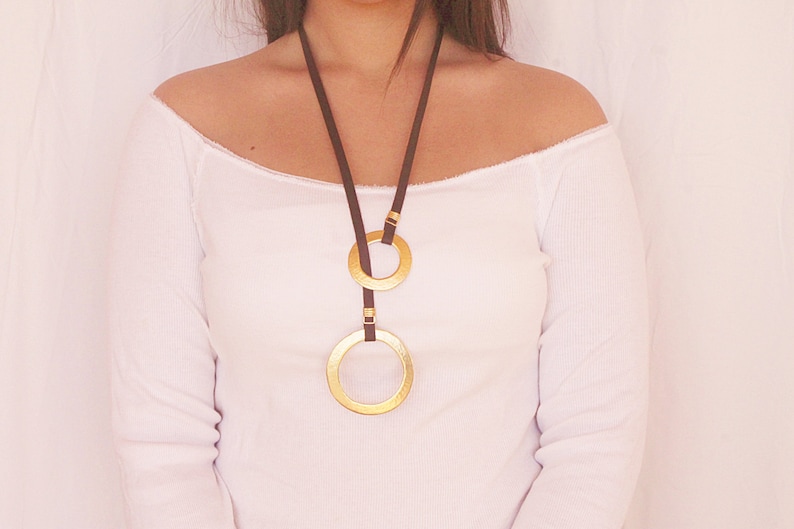 Adjustable Necklace,Round Necklace Vegan Necklace Lariat necklace,Gold metal Pendant Y necklace faux leather Necklace Hammered casting