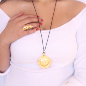 Leather Pendant Necklace, Long Pendant Necklace, Leather Pendant Jewelry, Leather&Gold, Black Leather Necklace, Statement Necklace Gold