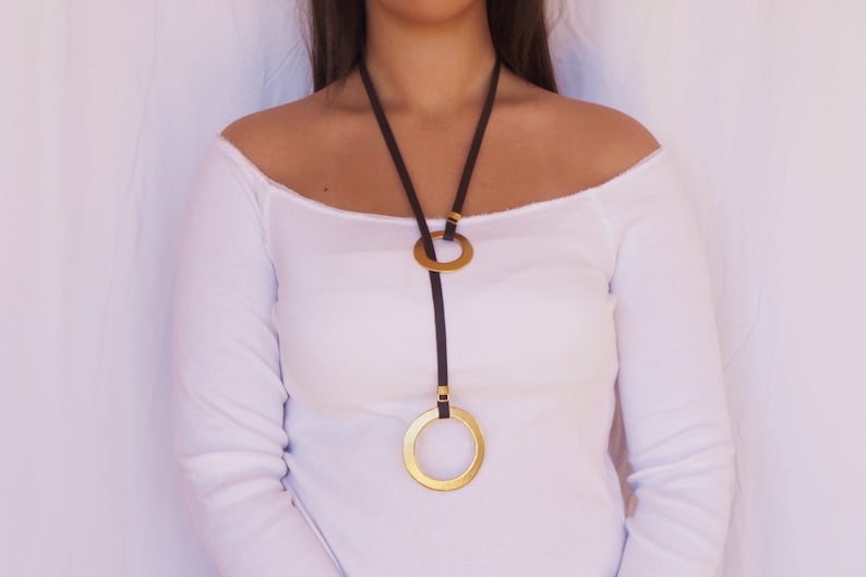 Adjustable Necklace,Round Necklace Vegan Necklace Lariat necklace,Gold metal Pendant Y necklace faux leather Necklace Hammered casting