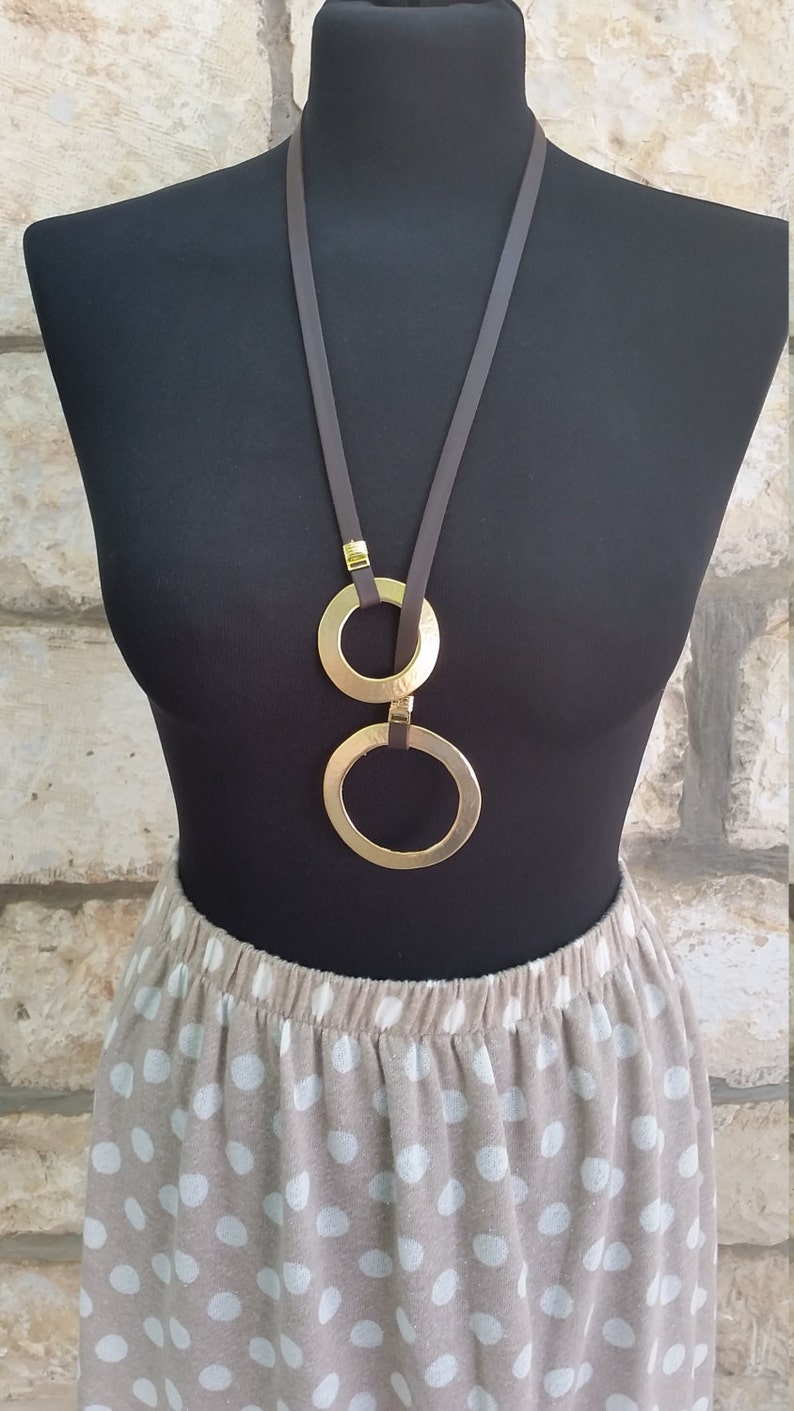 Adjustable Necklace,Round Necklace Vegan Necklace Lariat necklace,Gold metal Pendant Y necklace faux leather Necklace Hammered casting