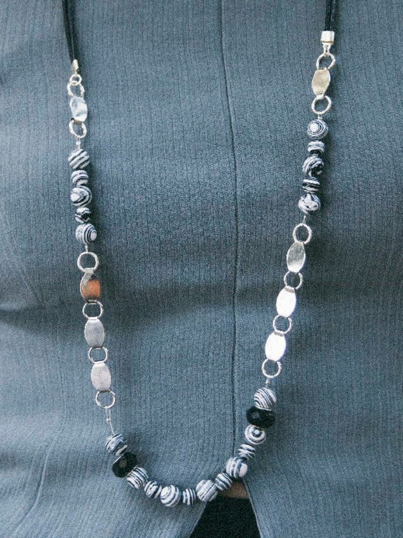 Long Necklace Lether Charms, Long Leather Necklace, Black and White