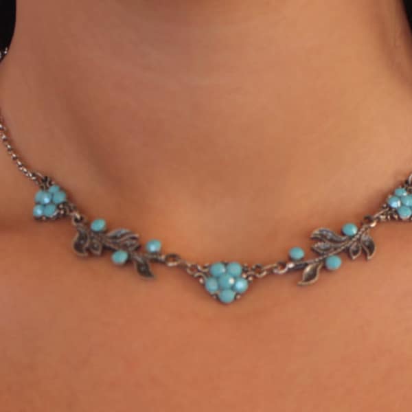 Collier fleur turquoise, parsemée de Swarovski collier, argent plaqué coulée collier, fleur Vintage, collier en cristal Swarovski