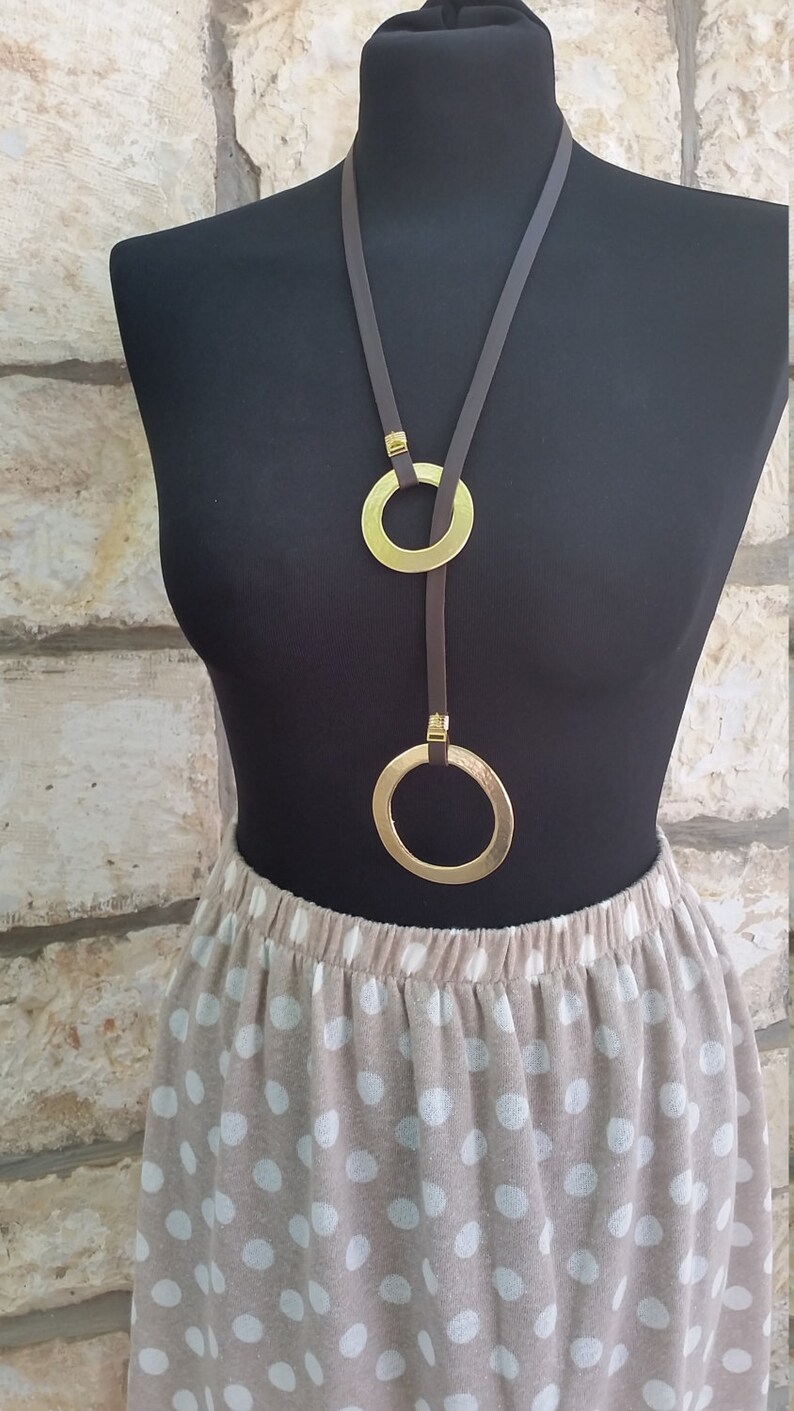 Adjustable Necklace,Round Necklace Vegan Necklace Lariat necklace,Gold metal Pendant Y necklace faux leather Necklace Hammered casting