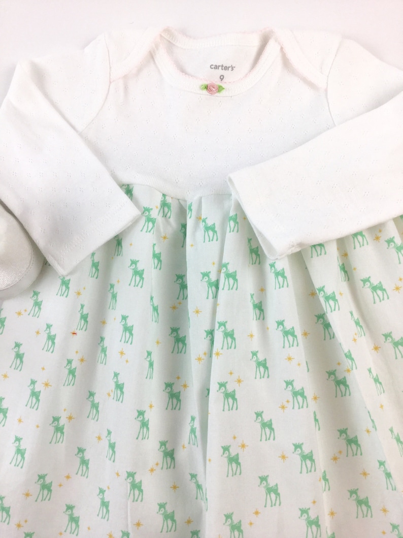 Christmas dress for baby girl size 6 months ready to ship vintage reindeer print white mint green holiday outfit infant girl moda