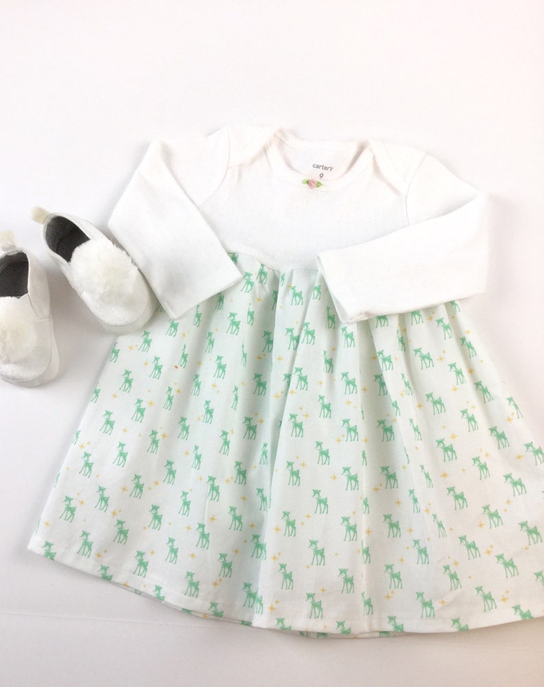 Christmas dress for baby girl size 6 months ready to ship vintage reindeer print white mint green holiday outfit infant girl moda