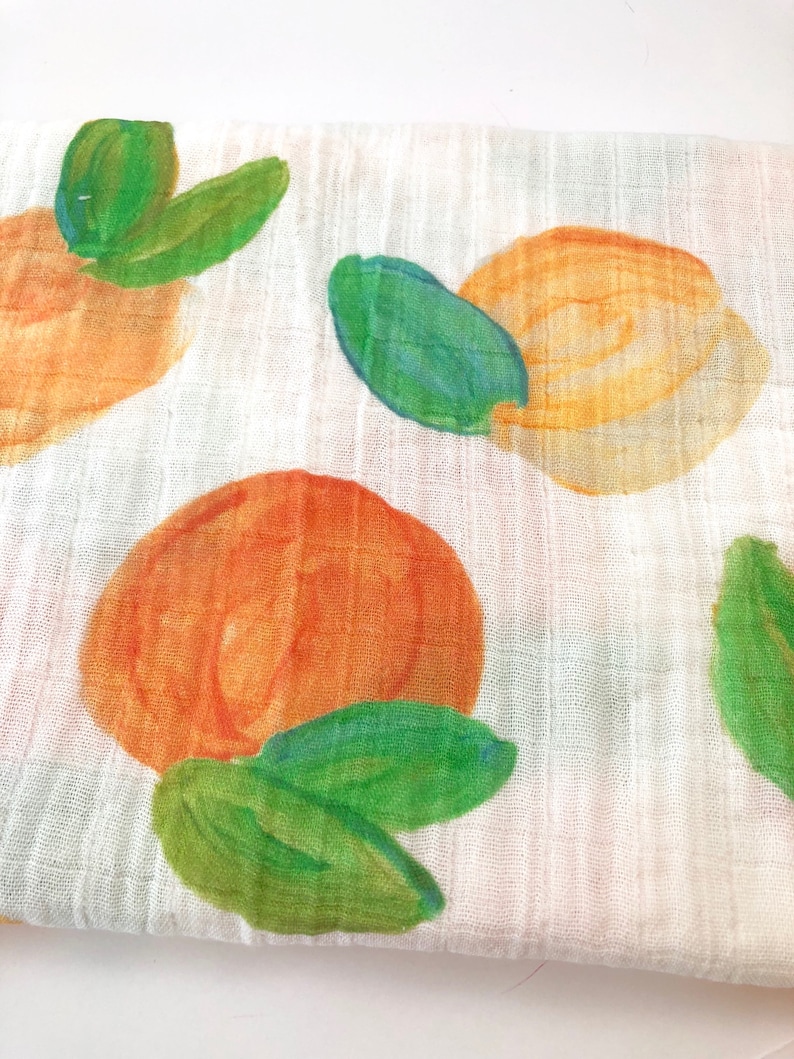 infant bedding swaddle girl watercolor Georgia peach Peaches gauze baby blanket Spoonflower fabric