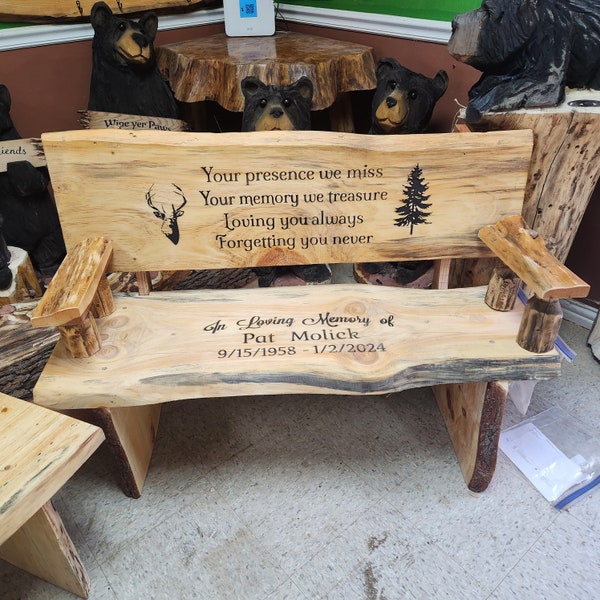 4 foot CUSTOM Memorial Bench with Back and Arms ** Live Edge & Handmade (FREE SHIPPING)