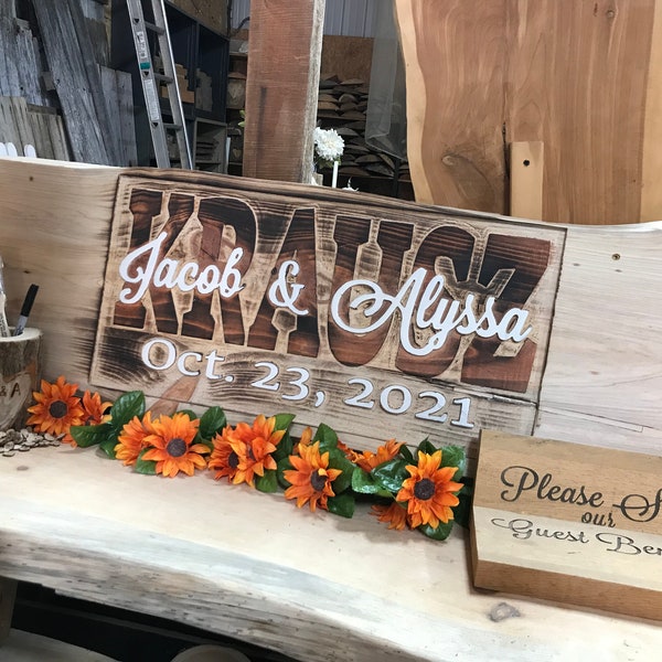 FREE SHIPPING! ***The Ultimate 4 Foot Wedding "Guest Book" bench with name Sign on back**& Kit (ships in 6 days) Live edge*