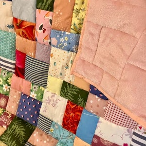 Handmade patchwork quilt, quilted lap blanket, quilt, random patchwork in a pretty quilted lap quilt, handmade quilt on soft pink fleece image 9