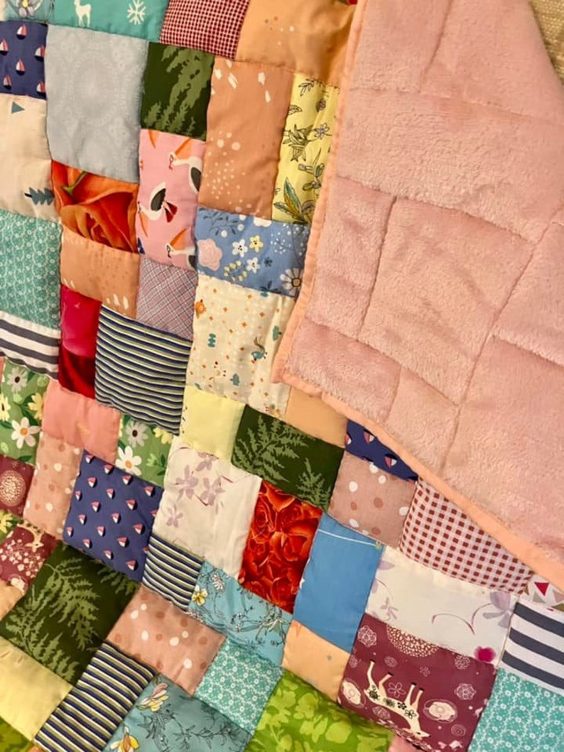 Handmade patchwork quilt, quilted lap blanket, quilt, random patchwork in a pretty quilted lap quilt, handmade quilt on soft pink fleece image 9