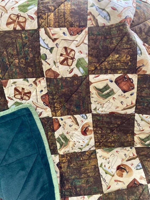Handmade Fishing Theme Quilt: Vintage Patchwork Throw Blanket