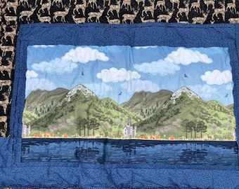 handmade picture quilt with mountains, highland cows, deer and loch, quilted lap blanket, practical gift, sofa chair throw, Scotland scene