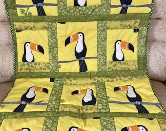 handmade quilt, Toucans in a unique patchwork throw, care home gift, quilted throw, patchwork quilt, unique gift, handmade gift, lap blanket