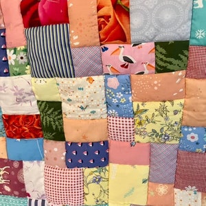 Handmade patchwork quilt, quilted lap blanket, quilt, random patchwork in a pretty quilted lap quilt, handmade quilt on soft pink fleece image 8