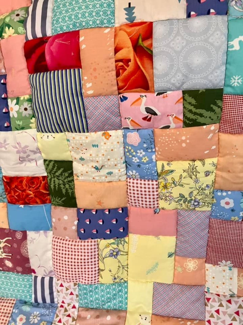 Handmade patchwork quilt, quilted lap blanket, quilt, random patchwork in a pretty quilted lap quilt, handmade quilt on soft pink fleece image 8