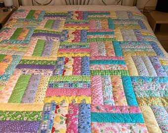 Handmade patchwork quilt, handmade quilt patchwork in pastel colours, patchwork moda fabrics, bed size patchwork quilt, quilted sofa throw,