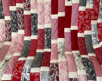 Handmade patchwork quilt, red an cream handmade patchwork,  red patchwork quilt, patchwork sofa throw, practical gift, red  cream sofa throw