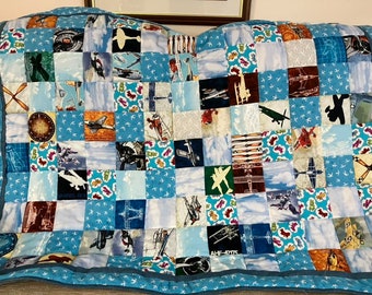 handmade quilt, patchwork with aeroplanes and aviation theme, practical gift, care home gift, quilted sofa throw, patchwork quilt,