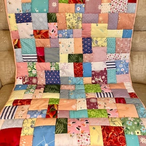 Handmade patchwork quilt, quilted lap blanket, quilt, random patchwork in a pretty quilted lap quilt, handmade quilt on soft pink fleece image 4