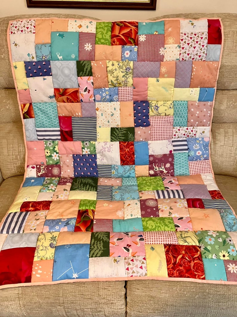 Handmade patchwork quilt, quilted lap blanket, quilt, random patchwork in a pretty quilted lap quilt, handmade quilt on soft pink fleece image 4