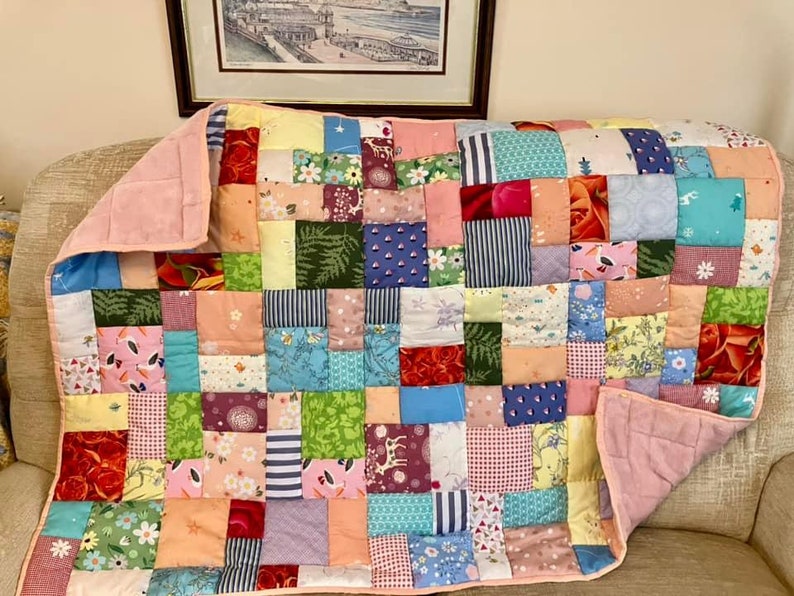 Handmade patchwork quilt, quilted lap blanket, quilt, random patchwork in a pretty quilted lap quilt, handmade quilt on soft pink fleece image 1