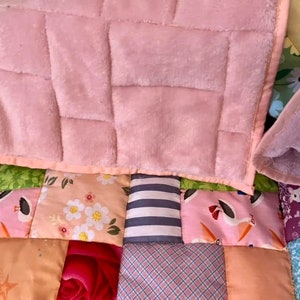 Handmade patchwork quilt, quilted lap blanket, quilt, random patchwork in a pretty quilted lap quilt, handmade quilt on soft pink fleece image 7