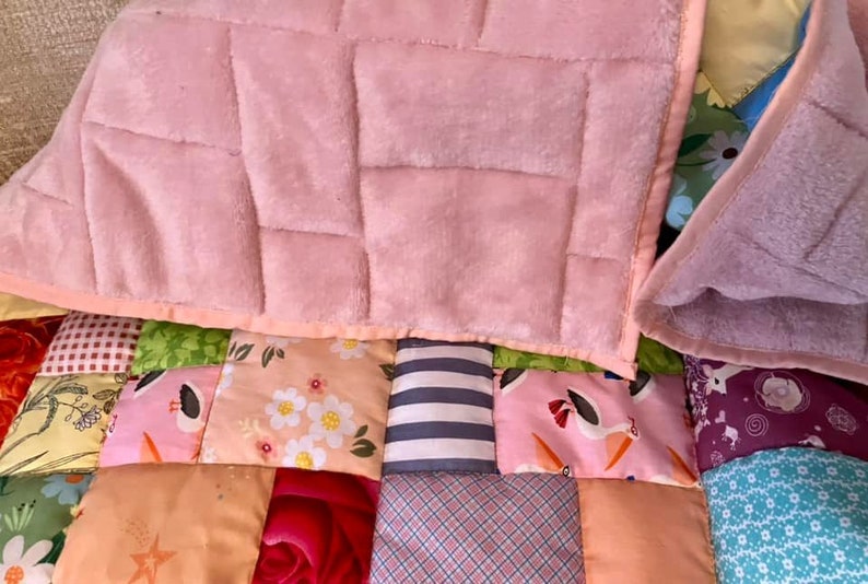 Handmade patchwork quilt, quilted lap blanket, quilt, random patchwork in a pretty quilted lap quilt, handmade quilt on soft pink fleece image 7