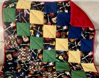 handmade quilt, guitars in a patchwork quilted throw, gift for music teacher, care home gift, lap blanket, music student, guitar player,