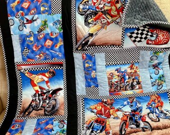 Off road bikes, handmade patchwork quilt, biker gift, biker girl. gift for him, quilted throw, chair throw, man cave, speedway bikes, biker