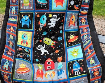 handmade quilt, space theme and robots quilted onto a blue textured polyester fleece,  great gift for a child's room or space themed nursery