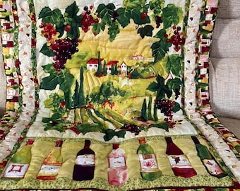 Handmade quilt, wine themed quilt, vineyard in a quilt, unique handmade quilt, unique gift for the wine lover, handmade gift, practical gift