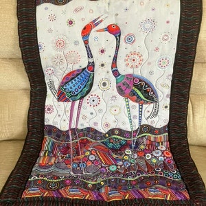 Handmade quilted throw, gorgeous birds in a handmade quilt, colourful pretty quilted lap blanket, pretty chair throw, practical gift for her immagine 1