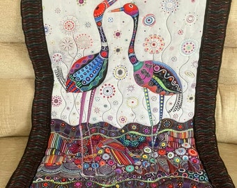 Handmade quilted throw, gorgeous birds in a handmade quilt, colourful pretty quilted lap blanket, pretty chair throw, practical gift for her