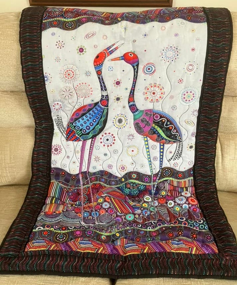 Handmade quilted throw, gorgeous birds in a handmade quilt, colourful pretty quilted lap blanket, pretty chair throw, practical gift for her immagine 1