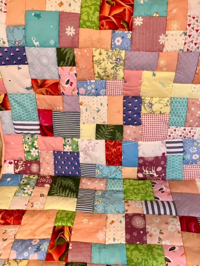 Handmade patchwork quilt, quilted lap blanket, quilt, random patchwork in a pretty quilted lap quilt, handmade quilt on soft pink fleece image 10