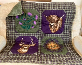 Handmade quilt with a highland cow and stag, quilted lap blanket with a Scotland theme, handmade gift for all, care home gift, quilted throw